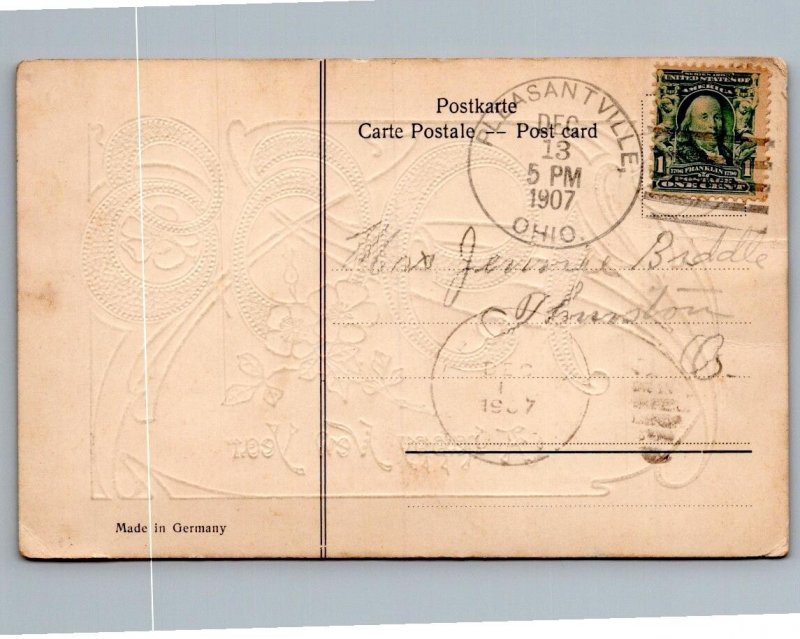 1908 HAPPY NEW YEAR GOLD NUMBERS VICTORIAN EMBOSSED ANTIQUE POSTCARD