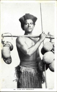 Fiji Man Fijian Indigenous Culture Man with Breadfruit Vintage Postcard