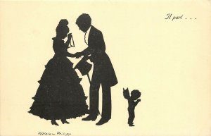 1920s Silhouette Postcard No.62 A/S Felicien Philipp, Cupid & Loving Couple Part