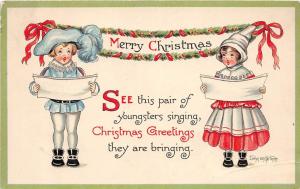 Merry Christmas Holiday Postcard c1910 EVELYN Hartmann Signed Kids Singing 169