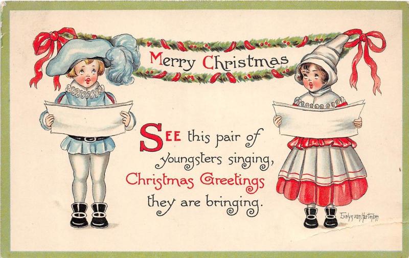 Merry Christmas Holiday Postcard c1910 EVELYN Hartmann Signed Kids Singing 169