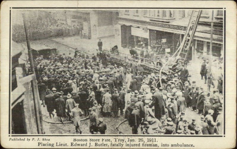 Troy NY Boston Store Fire 1911 Postcard E. Butler into Ambulance