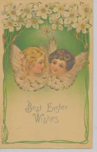 Best Easter Wishes angels white flowers lightly embossed antique pc Z16611