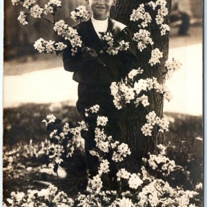 c1910s Radiant Little Boy in Bygone Era RPPC Beautiful Flower Photography A140