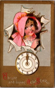 New Year Postcard Young Girl Tearing Through Paper Clock at Midnight