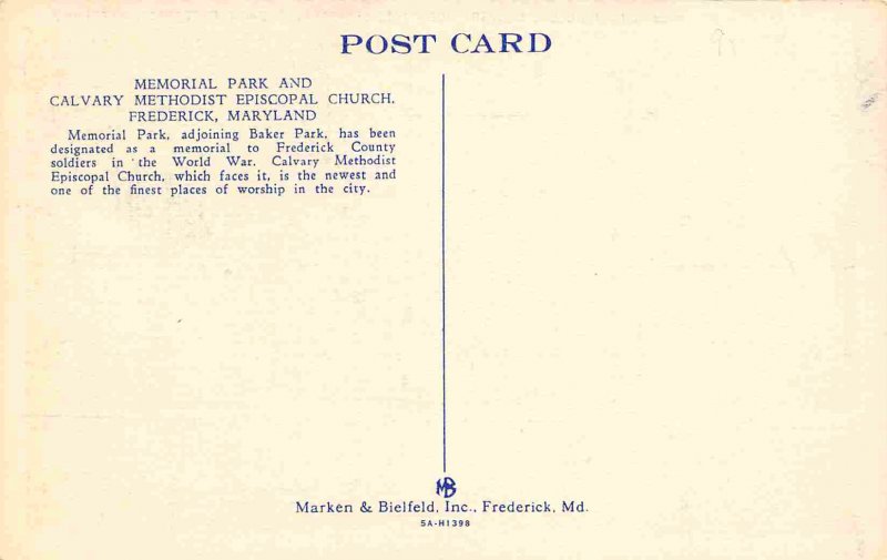 Calvary Methodist Episcopal Church Park Frederick Maryland linen postcard
