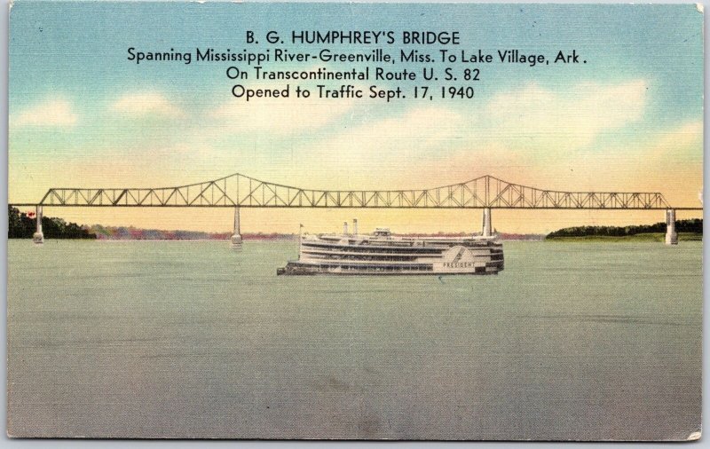 Greenville Mississippi, 1940 B.G. Humphrey's Bridge Mississippi River, Postcard