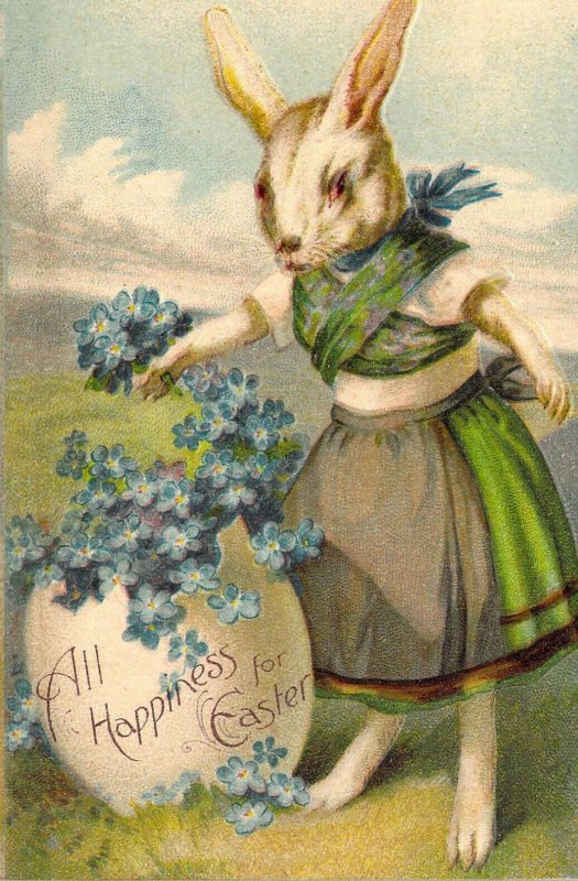 Dressed Rabbit Putting Flowers in an Egg,  Dressed Animals, Old Postcard