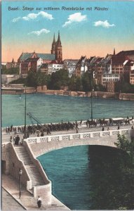 Switzerland Basel Stiege zur Mittleren Rheinbrücke mit Münster Postcard 03.84