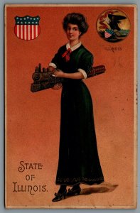 Postcard Illinois c1906 State Girl Langsdorf Embossed Lady With Train RPO Cancel