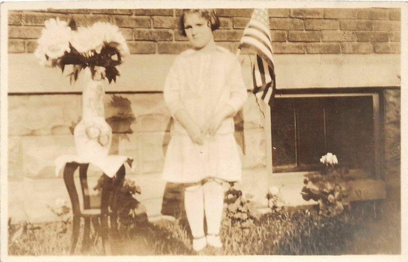 G94/ Patriotic Postcard c1916 Decoration Day Girl RPPC Flag Flowers 13