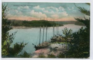 Sailings Ships at Docks at Sunset Penobscot River Maine 1913 postcard