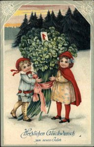 German New Year Children Giant Bouquet of Clovers c1910 Postcard