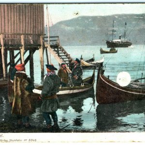 1910 Troms, Norway Men In Water Sailboat Postcard Tromsø Amt Axel Eliassons A24