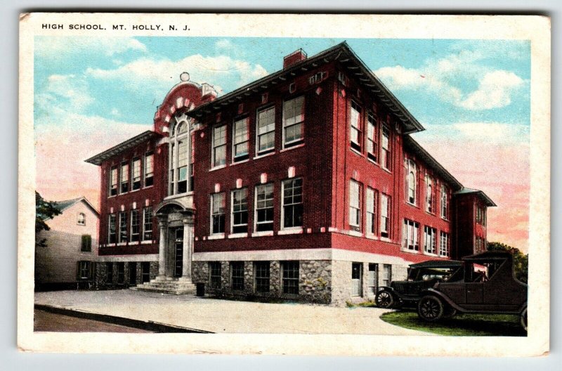 Mount Holly New Jersey High School Postcard Old Cars NJ Vintage Tichnor Building