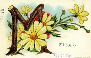 Alphabet Postcard, Letter M, Wood sticks,  Flowers, embossed, S. Datiilo, 1908