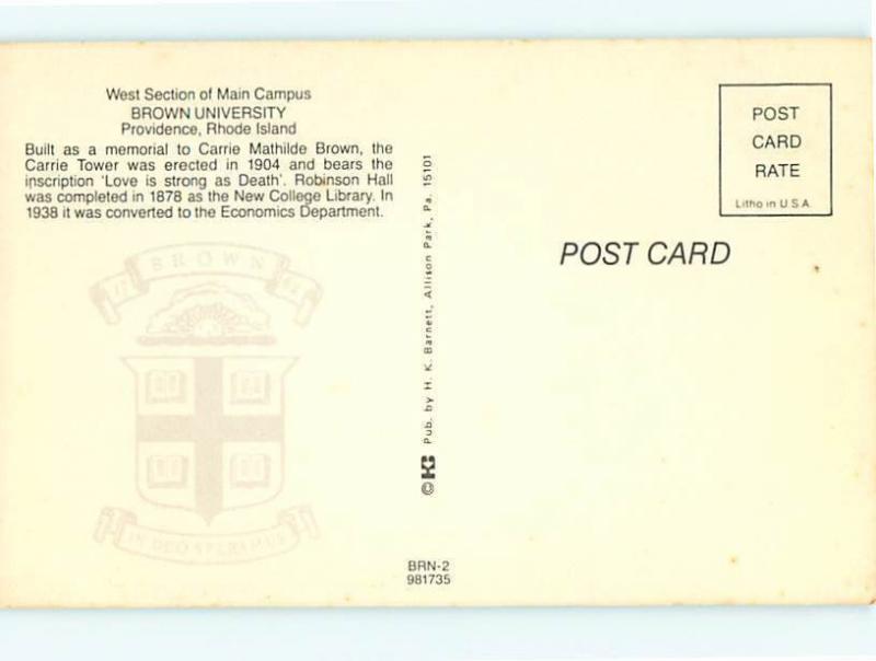 Vintage Post Card Brown University Carrie Tower Robinson Hall  R I  # 4108