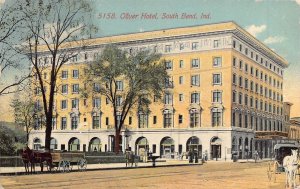 SOUTH BEND INDIANA~OLIVER HOTEL-HORSE CARRIAGES & WAGON~1911 PSTMK POSTCARD