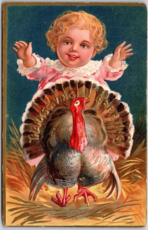 Thanksgiving The Little Girl And The Turkey Greetings and Wishes Card Postcard 
