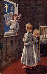 Easter Little Girls Greet Angel in Window c1910 Vintage Postcard