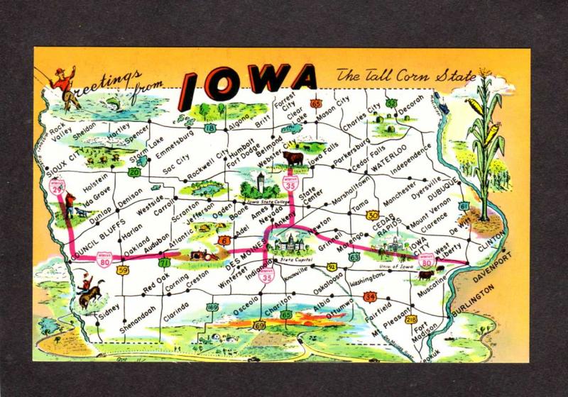 Greetings From Iowa State Map Interstate Highway 80 Oakland Postcard Des Moines