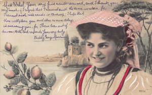 Belgium Girl in Traditional Costume Fruits Landscape vintage postcard