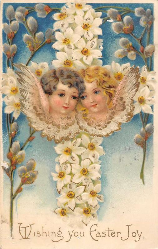 Wishing You Easter Joy female angels flower border antique pc Z19740