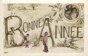 c1910 New Year RPPC Postcard MT/IL 9909; Children Snowy Twig Letters Bonne Annee