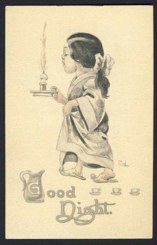 Tired little girl kimono slippers candle stick tea cups - WALL artist