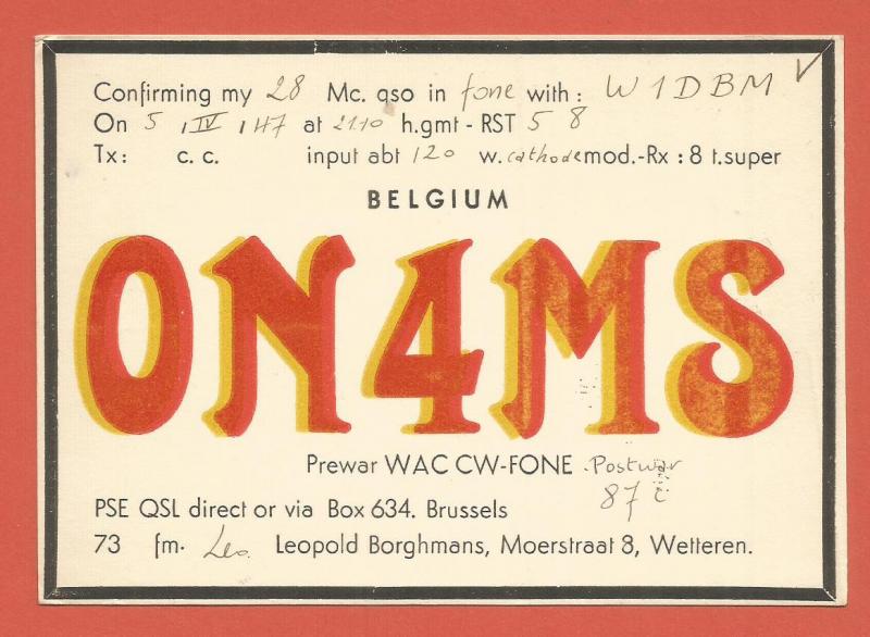 QSL AMATEUR RADIO CARD – BRUSSELS, BELGIUM – 1947