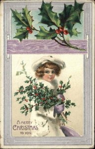 Christmas Pretty Little Girl White Hat Coat c1910 Vintage Postcard