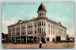 San Bernardino California~Stewart Hotel St View~Savings Bank~Carriage~c1910 PC