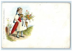 c1905 Little Girl Holding Flowers Embrella Traditional European Dress Postcard