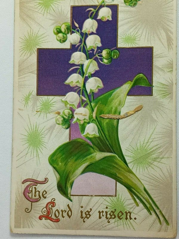 Vintage Postcard 1911 The Lord is Risen Happy Easter Cross & Flowers