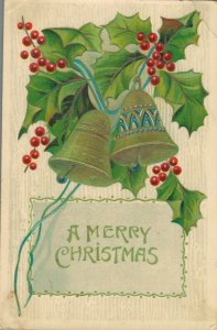 Christmas Greeting Big Bell Mistletoe Vintage Postcard 07.85