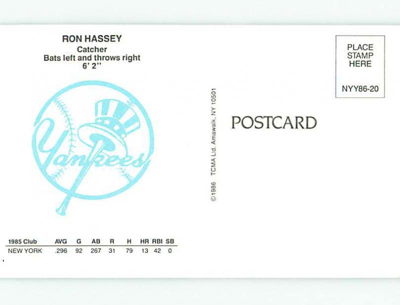 Unused 1986 baseball postcard NEW YORK NY YANKEES - RON HASSEY r5201
