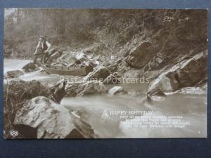 Birthday Greeting A HAPPY BIRTHDAY shows Man & Canoe Kayak Rapid c1910 RP by EAS