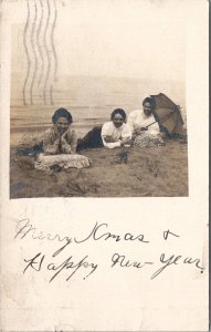 RPPC Lovely Victorian Woman Beach Umbrella Pillows Chicago 1906 Postcard Z18