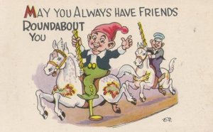 Noddy Style Person on a Merry Go Round Roundabout Fairground Vintage Postcard