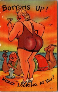 Sexy Fat Lady Swimsuit on Beach Toasts Her Man-Bottoms Up-Old Comic Risque JF17