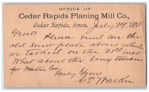 1875 Cedar Rapids Planning Mill Co. Cedar Rapids Iowa IA Posted Postal Card 