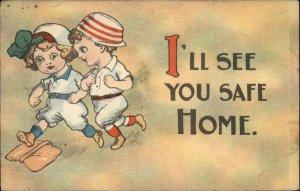 BASEBALL COMIC Romance Little Boy and Girl Running Bases Antique Postcard