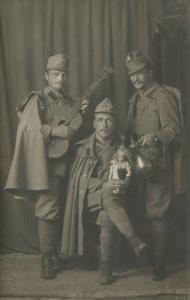 AUSTRIAN WWI SOLDIERS w/ DOLL & GUITAR ANTIQUE REAL PHOTO POSTCARD RPPC