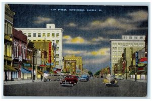 c1940's Main Street Night Scene Business Section Hutchinson Kansas Cars Postcard