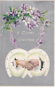 CHRISTMAS, PU-1910; Hands of Couple shaking, Purple & White Flowers