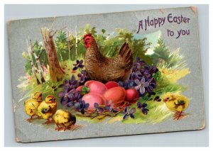 Vintage 1910's Tuck's Easter Postcard - Hen Colored Eggs Purple Flowers Chicks