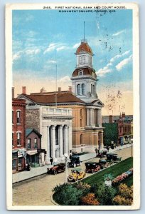1917 Racine Wisconsin Postcard First National Bank Court House Monument Square
