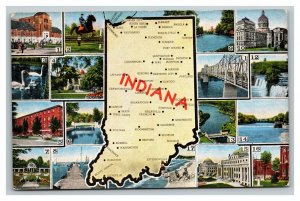 Vintage 1940's Postcard Greetings From Indiana - Giant Map Landscapes Buildings