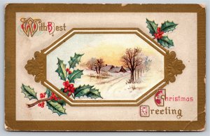Christmas Greeting~Winter Road Scene In Gold Frame W/ Holly~PM 1911~Vtg Postcard