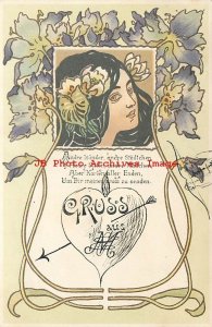 Art Nouveau, Unreadable Artist, Gruss Aus, Woman with Flowers in Her Hair